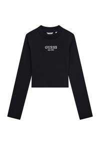 Schwarzes Crop-Top aus geripptem Stoff, mit langen Ärmeln und rundem Ausschnitt. "GUESS EST.1981" ist auffällig auf der Vorderseite aufgestickt.