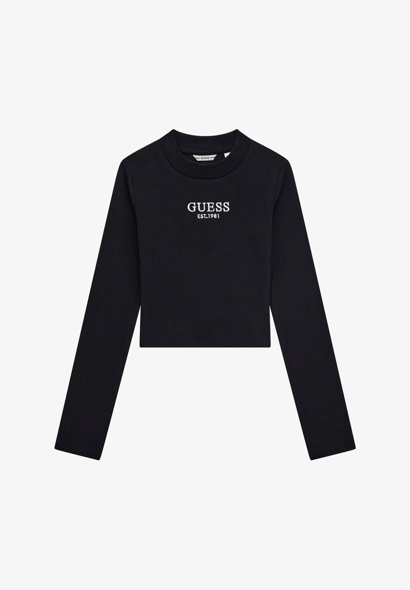 Schwarzes Crop-Top aus geripptem Stoff, mit langen Ärmeln und rundem Ausschnitt. "GUESS EST.1981" ist auffällig auf der Vorderseite aufgestickt.