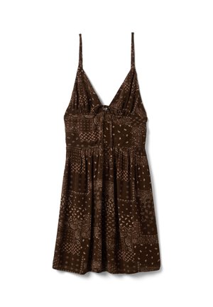 Braunes ärmelloses Kleid mit dünnen Trägern und Paisley-Patchwork-Muster, mit gebundenem V-Ausschnitt und geraffter Taille.