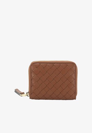 Braune Lederbrieftasche mit gewebter Textur und goldenem Reißverschluss, kleine rechteckige Form mit abgerundeten Kanten.