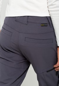 Grå arbetsbyxor för kvinnor med dubbla bakfickor, en FLEXSHIELD-märke och en slät, hållbar textur. Accenterad med en sidficka.