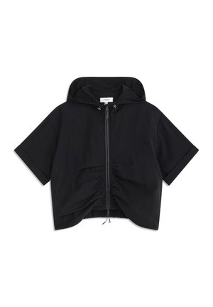 Black short-sleeve hooded jacket with a front zipper and gathered detailing at the waist. Made of lightweight fabric with a smooth texture.