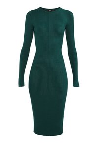 Robe mi-longue en maille côtelée vert foncé à manches longues, avec une silhouette ajustée et un col rond.