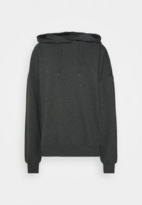 Mörkgrå hoodie i mjukt material, med huva, dragsnöre, långa ärmar och ribbade avslut vid ärmar och nederkant. Enkel design utan mönster.