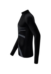 Maglietta sportiva a maniche lunghe nera, con linee ondulate grigie e colletto alto. Realizzata in un tessuto elastico e liscio per l'abbigliamento attivo.