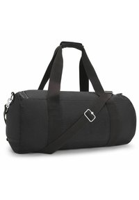 Sort duffelbag lavet af tekstureret stof, cylindrisk form, med to håndtag og en justerbar skulderrem med en sølvfarvet hardwaredetalje.