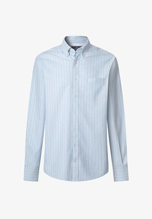 Hellblaues Langarmhemd mit weißen vertikalen Streifen, Button-Down-Kragen, Brusttasche und durchgehender Knopfleiste. Weicher Baumwollstoff.