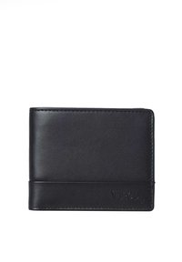 Black leather wallet, bi-fold design, smooth texture, embossed logo on front, minimalistic look with no additional hardware or patterns.
