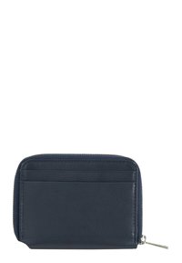 Portafoglio in pelle blu navy con chiusura a zip, quattro slot per carte sul davanti e una superficie liscia. Presenta un tirante della zip in tonalità argento.