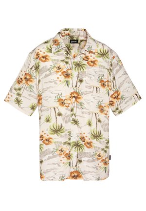 Tropisch overhemd met korte mouwen en knopen, beige achtergrond met oranje hibiscusbloemen en groene palmbomenprint.