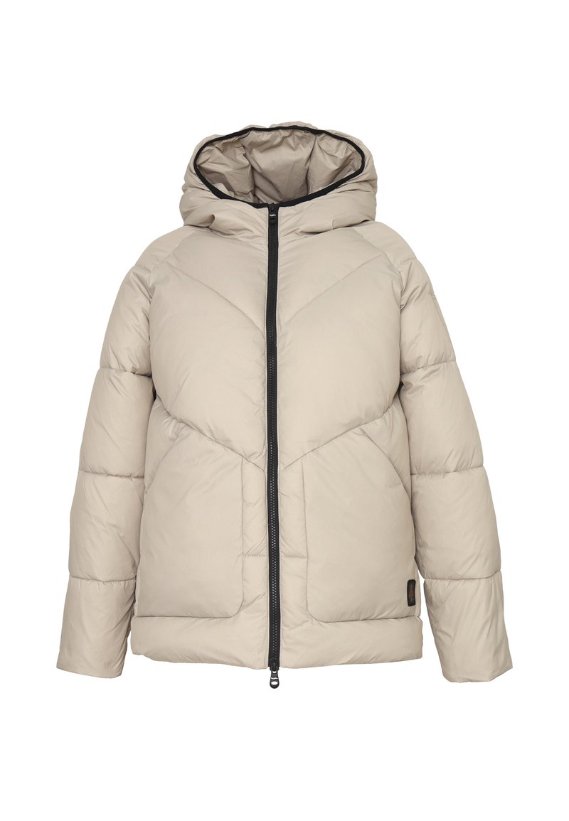 Giacca puffer in beige chiaro con cappuccio, caratterizzata da una chiusura frontale con zip, un motivo a rombi trapuntato e rifiniture nere lungo la zip e il cappuccio.