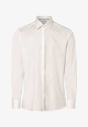 White long-sleeve shirt made of smooth fabric, featuring a classic collar, full button placket, and rounded hem with button cuff accents.