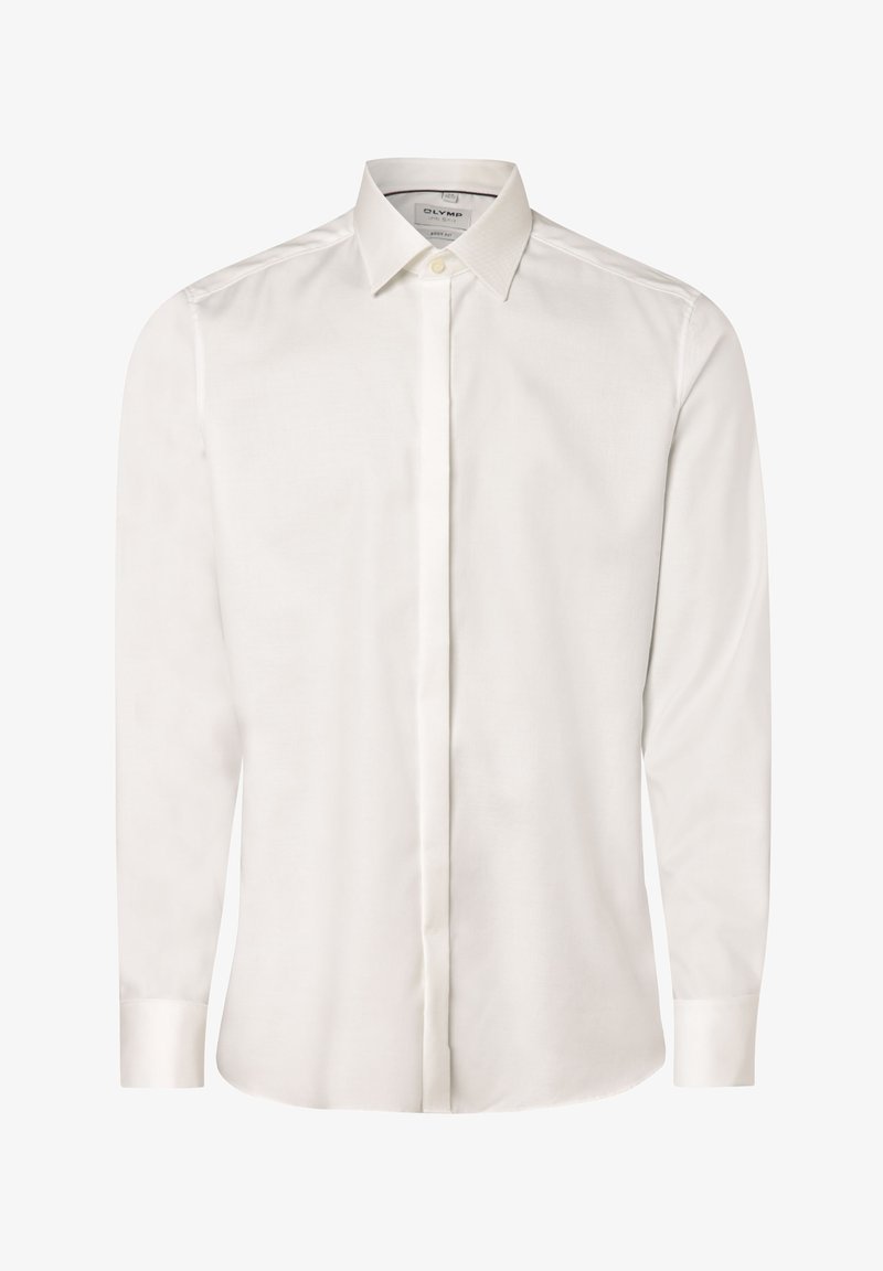 Weißes Langarmhemd aus glattem Stoff, mit klassischem Kragen, durchgehender Knopfleiste und abgerundetem Saum mit Knopfmanschetten-Akzenten.