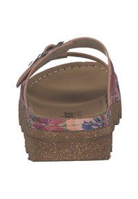 Sandales à plateforme en liège avec un dessus à imprimé floral, présentant une seule sangle et une boucle, un semelle intérieure beige, et une semelle extérieure texturée et durable.
