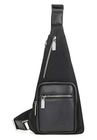 Sacca a tracolla nera realizzata in tessuto testurizzato con una tasca frontale in pelle elegante, dotata di più cerniere e di un design minimalista.