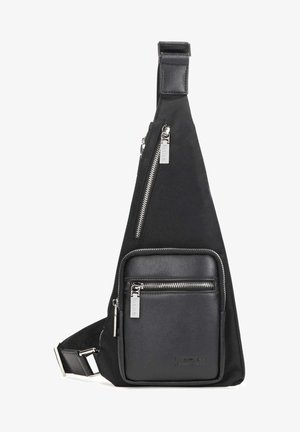 Fekete válltáska, texturált anyagból, sima bőr elülső zsebbel, több cipzárral és minimalista dizájnnal.