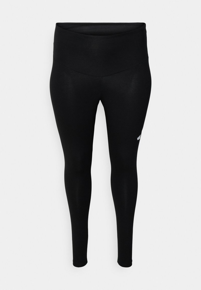 Leggings pretos feitos de um tecido liso e elástico. Apresentam uma cintura alta e um pequeno logótipo destacado na parte inferior da perna.