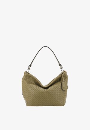 Beige woven leather shoulder bag with single black strap and attached small leather pouch on a white background.