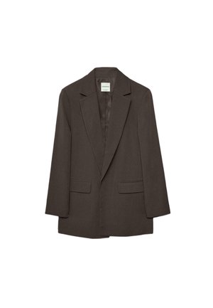 Donkerbruine enkelrijige blazer met brede revers, twee voorzakken met klep en lange mouwen, getoond op een witte achtergrond.