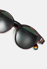 Tortoiseshell sunglasses with dark grey lenses. Features a distinctive rainbow-striped accent on the side and sleek, rounded frame design.
