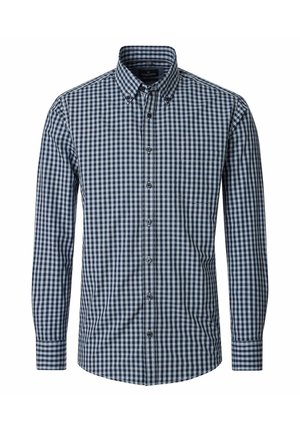 Herren-Langarmhemd mit marineblau-weißem kleinem Karo-Muster und Brusttasche vor einfarbigem Hintergrund.