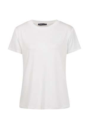 Weißes T-Shirt mit kurzen Ärmeln und Rundhalsausschnitt, gerade geschnitten, aus glattem Stoff, auf einfarbigem Hintergrund dargestellt.