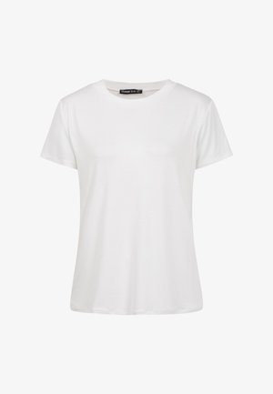 Hvid t-shirt med korte ærmer og rund hals, med en lige pasform, lavet af glat stof, vist på en ensfarvet baggrund.