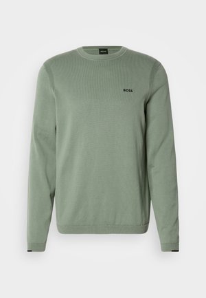 Lys grønn strikkegenser med lange ermer, rund hals, ribbestrikkede detaljer og svart "BOSS"-logo på brystet. Glatt tekstur.