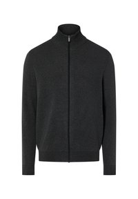 Dunkelgrauer Reißverschluss-Pullover mit hohem Kragen, strukturierter Stoff und eng anliegende Bündchen, mit einem glatten Reißverschluss vorne.