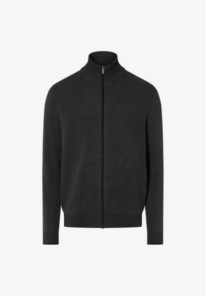 Dunkelgrauer Reißverschluss-Pullover mit hohem Kragen, strukturierter Stoff und eng anliegende Bündchen, mit einem glatten Reißverschluss vorne.