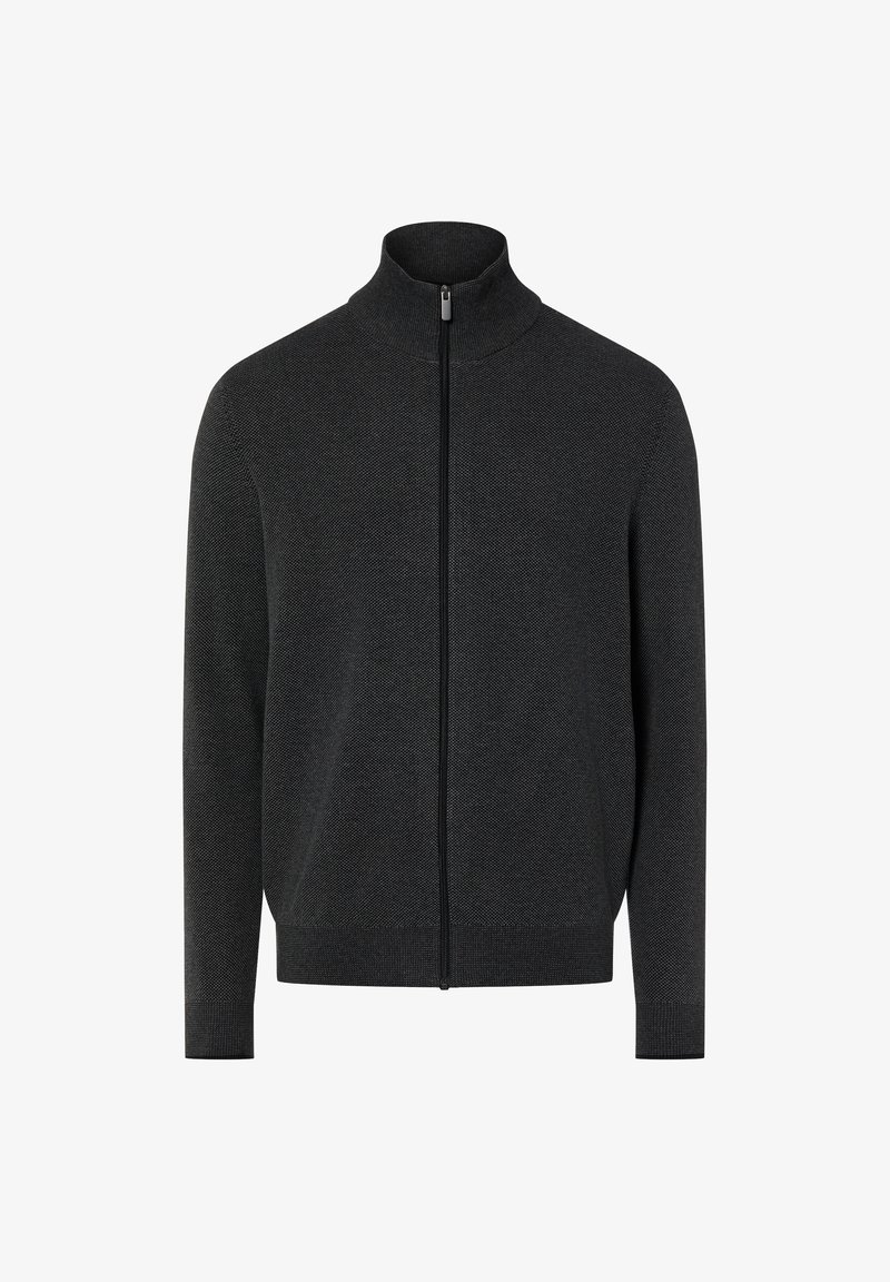 Dunkelgrauer Reißverschluss-Pullover mit hohem Kragen, strukturierter Stoff und eng anliegende Bündchen, mit einem glatten Reißverschluss vorne.