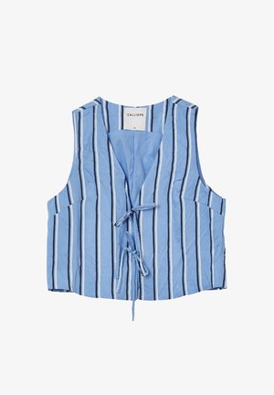 Blauer ärmelloser Weste mit vertikalen schwarzen, weißen und navy Streifen, vorderen Bindeschluss und quadratischem Ausschnitt mit der Bezeichnung "Calliope."