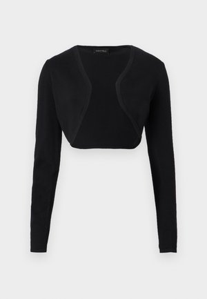 Boléro noir court à manches longues et devant ouvert, confectionné dans un tissu léger.