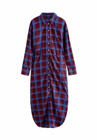 Punainen ja sininen ruudullinen mekko, jossa on pitkät hihat, nappikiinnitys ja nauhavyötärö. Valmistettu pehmeästä kankaasta, jossa on pyöristetty helma.