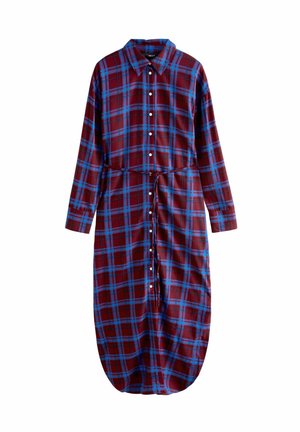 Red and blue plaid shirt dress with long sleeves, button closure, and a tie waist. Made from soft fabric, featuring a rounded hemline.