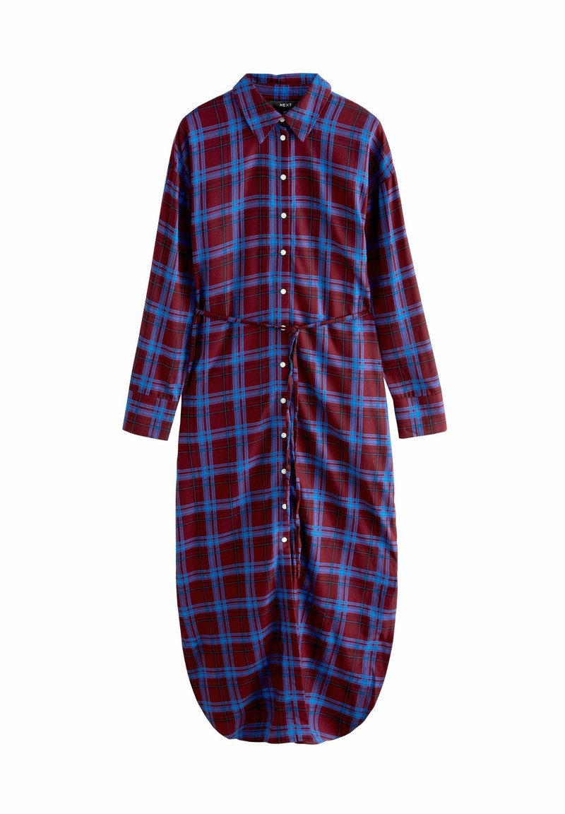 Rot-blau kariertes Hemdkleid mit langen Ärmeln, Knopfverschluss und tailliertem Bund. Hergestellt aus weichem Stoff und mit abgerundetem Saum.