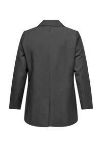 Prilagojena črna blazer jakna z izrezom, strukturiranimi rameni in dolgimi rokavi. Gladek material in osrednji otvor na hrbtni strani.