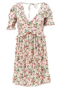 Robe florale en crème clair avec des manches froncées et un décolleté en V. Présente une taille froncée et des motifs de fleurs multicolores sur l'ensemble.