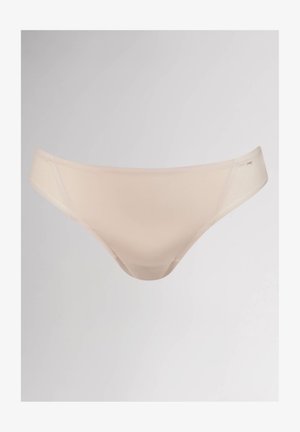 Vaaleanbeige bikini alushousut, jotka on valmistettu pehmeästä ja sileästä kankaasta. Niissä on matala vyötärö, minimaalinen saumarakenne ja ei lisäkuvioita tai -osia.