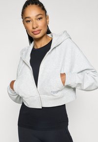 Sudadera gris recortada con cremallera frontal, bolsillos delanteros y capucha. Llevada sobre una camiseta negra, con un pequeño logo en el pecho.