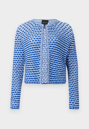Cardigan lavorato a maglia blu e bianco, con un colletto rotondo, maniche lunghe, apertura frontale e motivo testurizzato. Lunghezza cropped.