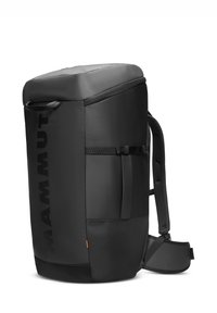 Black backpack with a smooth texture, zippered top, side straps, and a logo on the front; features padded shoulder straps and an orange accent.