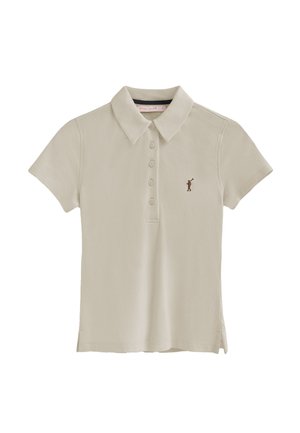 Beige Poloshirt aus Baumwolle mit Kragen und kurzen Ärmeln. Mit fünf Knöpfen und einem kleinen braunen Golfer-Logo auf der Brust.