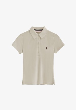 Beżowa koszulka polo z bawełny z kołnierzykiem i krótkimi rękawami. Posiada pięć guzików oraz małe brązowe logo golfisty na piersi.