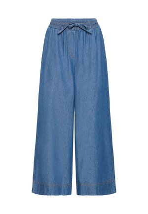 Pantalon culotte en denim bleu moyen avec taille élastique et cordon de serrage. Présente une coupe jambes larges et des coutures contrastantes à l'ourlet.