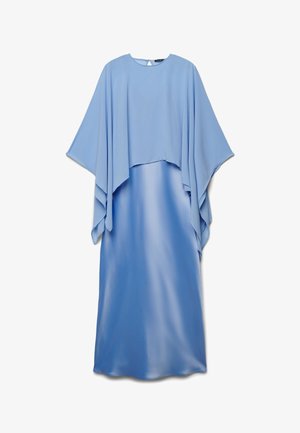 Hellblaues formelles Kleid mit fließenden Umhangärmeln, rundem Ausschnitt und Knopfverschluss mit Schlitz auf der Rückseite.