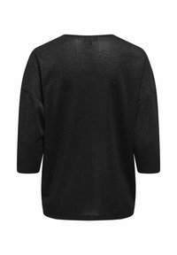 Sweater negro de corte holgado con mangas de tres cuartos, mostrado desde la parte de atrás, con un sencillo cuello redondo y una textura de tela suave.