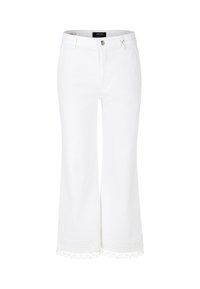 White cropped pants made of cotton, featuring a straight cut, lace trim at the hem, and a classic five-pocket design with a front zipper.
