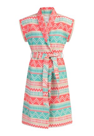 Katoenen wikkeljurk met levendige koraal, turquoise en witte geometrische patronen, korte mouwen en een bijpassende strikceintuur in de taille.
