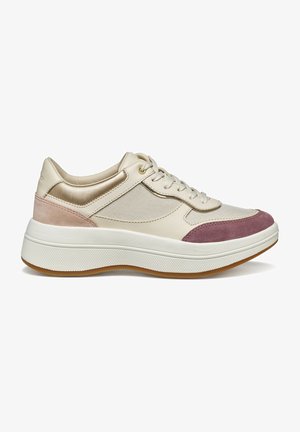 Sneaker da donna in pelle beige con mesh grigio, dettagli in suede rosa e suola ammortizzata bianca. Caratterizzata da chiusura con lacci e occhielli dorati.